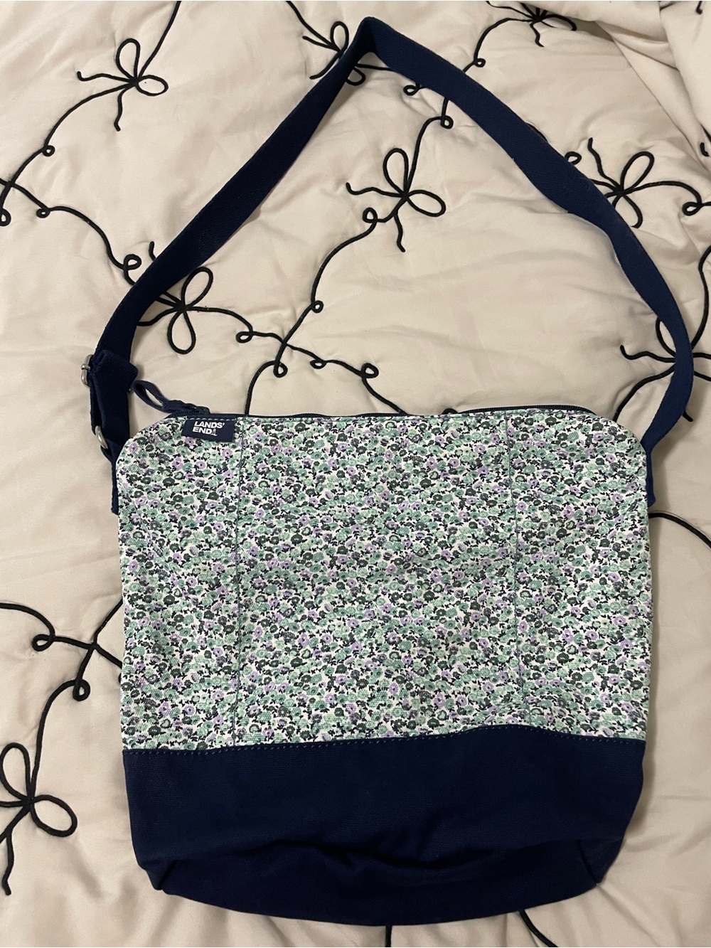 Lands' End Floral Shoulder Bag - Navy & Mint
